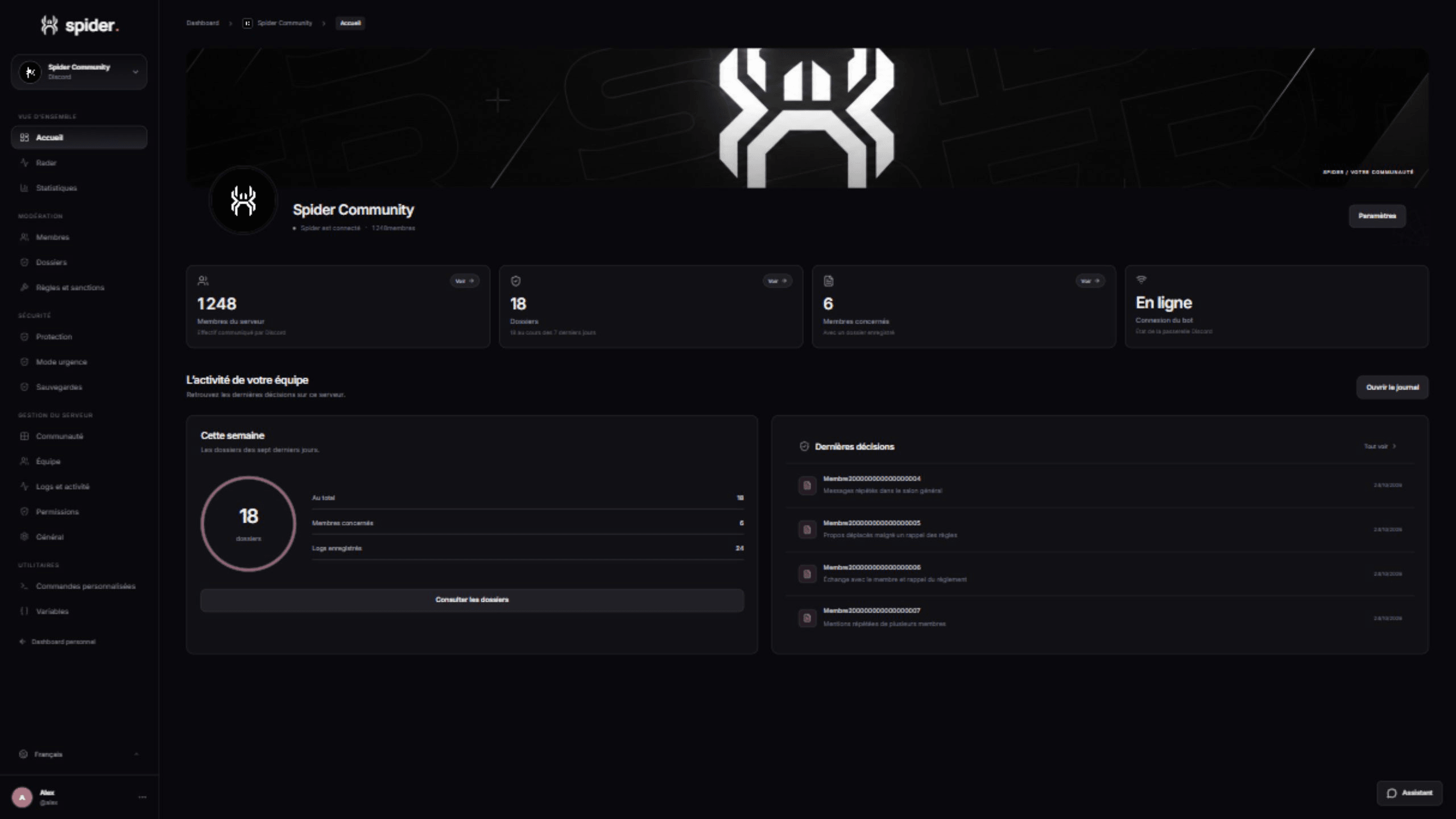 The Spider server dashboard