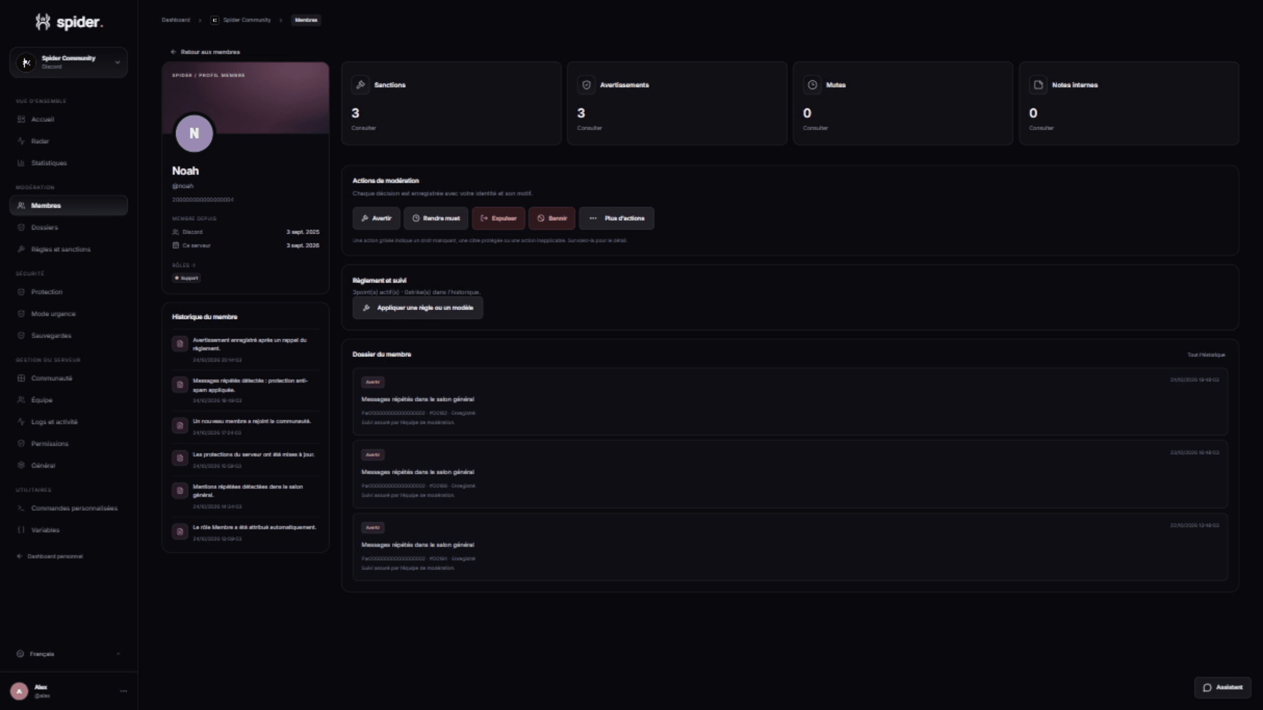 Member profile and moderation actions