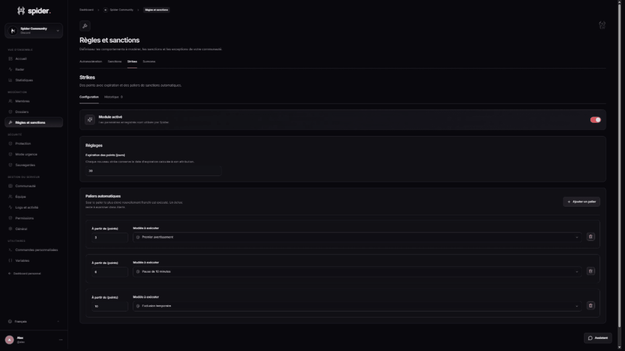 Strike settings and thresholds